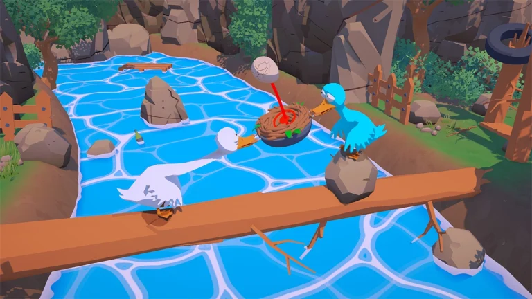 Deux oies qui portent un oeuf sur un tronc d'arbre au dessus de l'eau dans le jeu An Eggstremely Hard Game