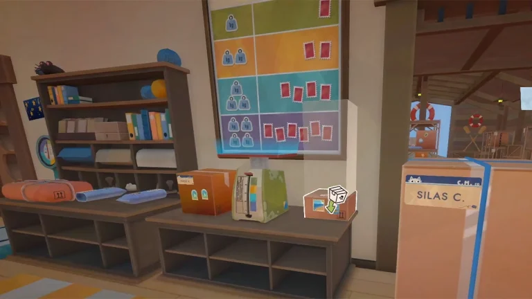 Bureau avec la pesée et les colis au bureau de poste du jeu Cat Mail Co.