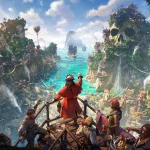 Des pirates sur une falaise avec le chef qui montre la mer dans le jeu Corsair Cove
