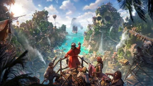 Des pirates sur une falaise avec le chef qui montre la mer dans le jeu Corsair Cove