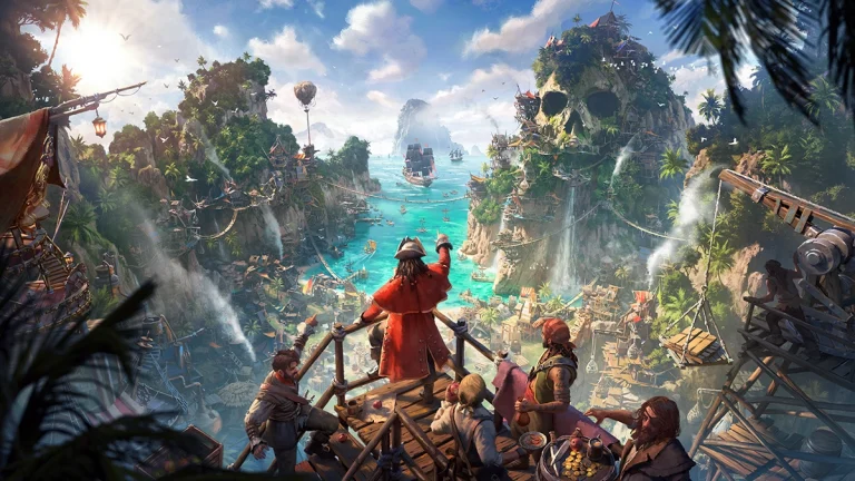 Des pirates sur une falaise avec le chef qui montre la mer dans le jeu Corsair Cove
