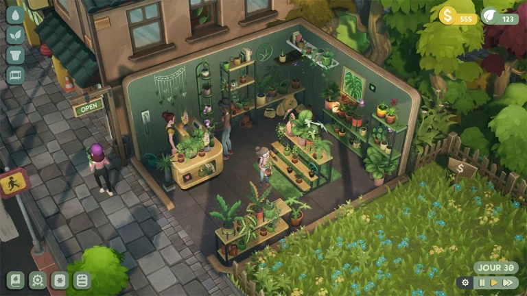 Boutique de plantes et les clients dans le jeu Leafy Corner