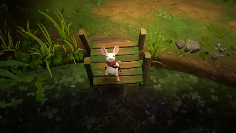 Une souris sur le bout d'un pont dans le jeu Moss : The Forgotten relic
