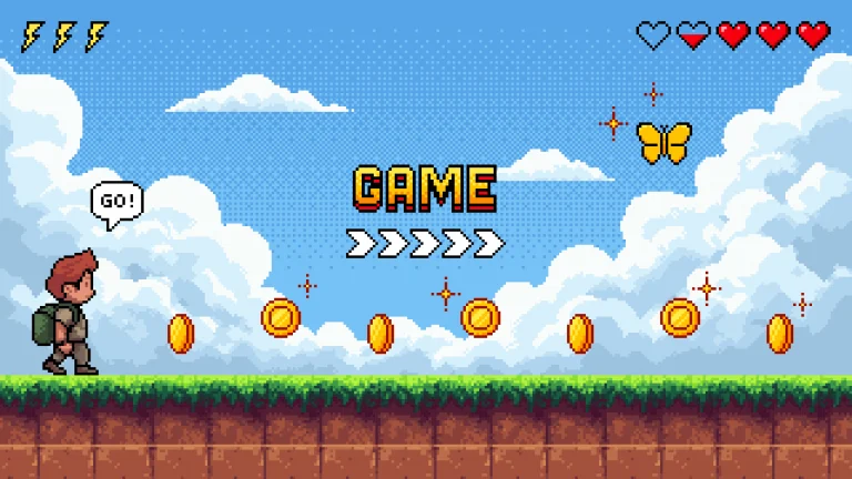 Image en pixels avec la mention "Game" qui montre un personnage qui va commencer un jeu.
