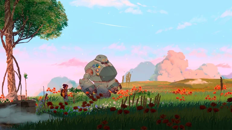Une jeune fille et un robot dans un champ dans le jeu Lost in Tandem