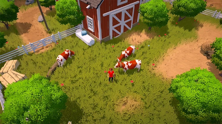 Personnage avec des vaches dans le jeu The Ranchers