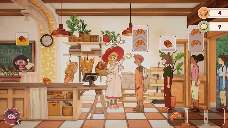 Lunne la sorcière et Orio son compagnon qui servent des clients dans la boulangerie dans le jeu The Witch's Bakery.