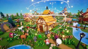 Habitants autour d'une maison avec des étoiles dans le jeu Mazey Village