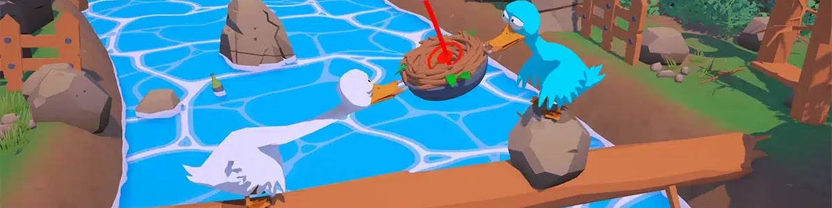 Deux oies qui portent un oeuf sur un tronc d'arbre au dessus de l'eau dans le jeu An Eggstremely Hard Game