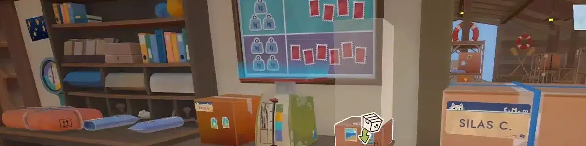 Bureau avec la pesée et les colis au bureau de poste du jeu Cat Mail Co.