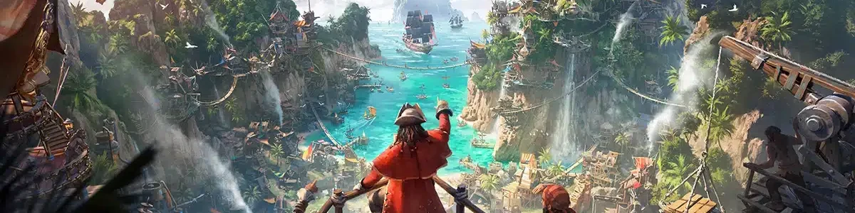 Des pirates sur une falaise avec le chef qui montre la mer dans le jeu Corsair Cove