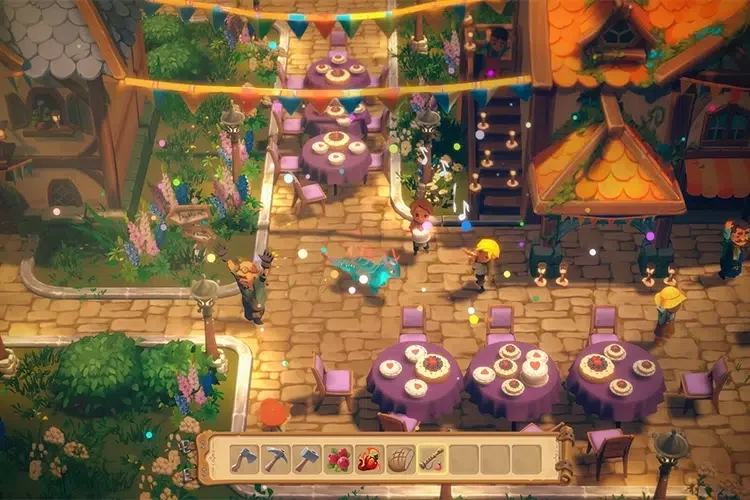 Place du village du jeu de Dragon Shelter avec un dragon et des habitants pendant une fête.