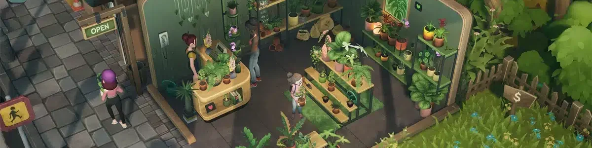 Boutique de plantes et les clients dans le jeu Leafy Corner