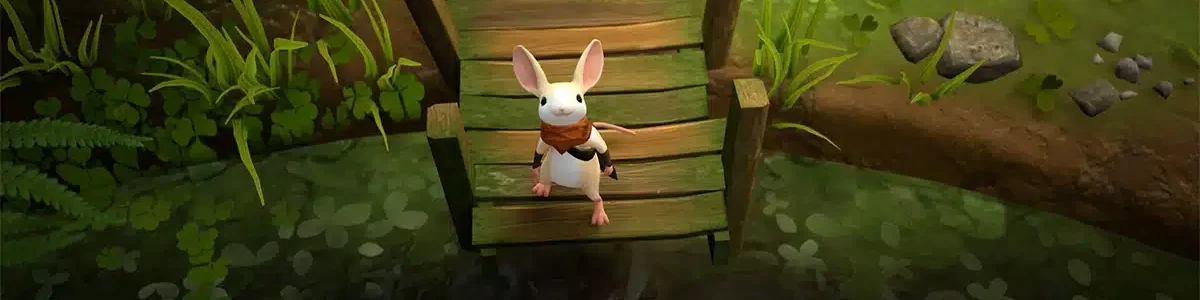 Une souris sur le bout d'un pont dans le jeu Moss : The Forgotten relic