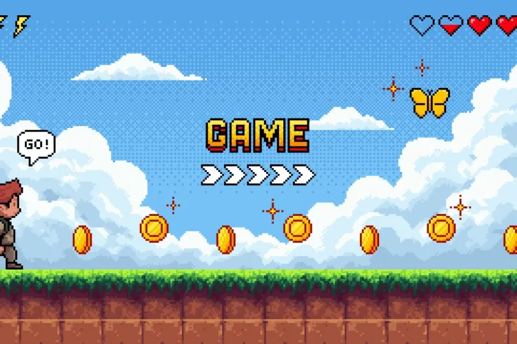 Image en pixels avec la mention "Game" qui montre un personnage qui va commencer un jeu.