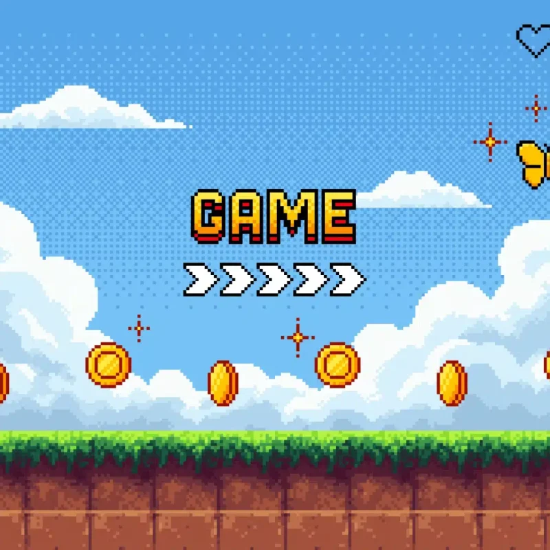 Image en pixels avec la mention "Game" qui montre un personnage qui va commencer un jeu.