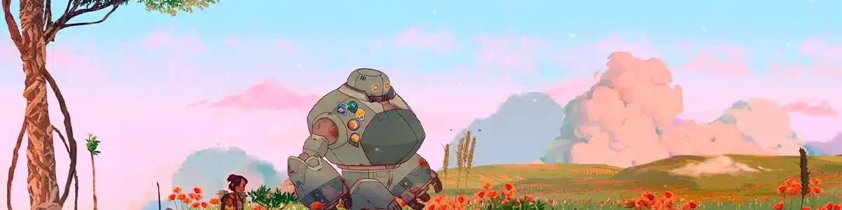 Une jeune fille et un robot dans un champ dans le jeu Lost in Tandem