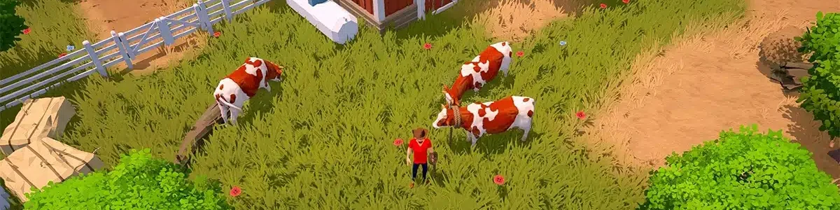 Personnage avec des vaches dans le jeu The Ranchers